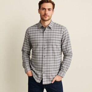 Theory SZ L 100% Cotton Flannel Plaid Long Sleeve Button Down Shirt Gray $245